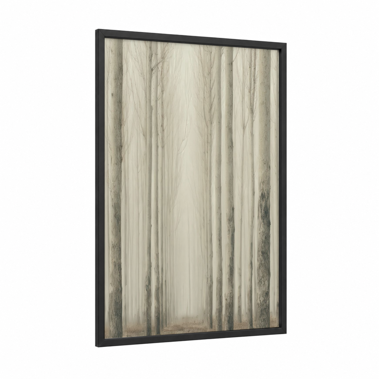 Misty Cedar Forest framed art print — black wood frame — cream and gray palette