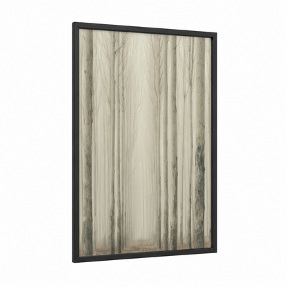 Misty Cedar Forest framed art print — black wood frame — cream and gray palette