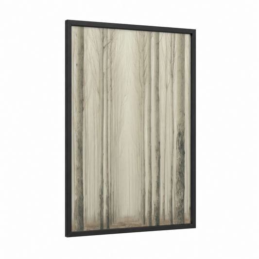 Misty Cedar Forest framed art print — black wood frame — cream and gray palette