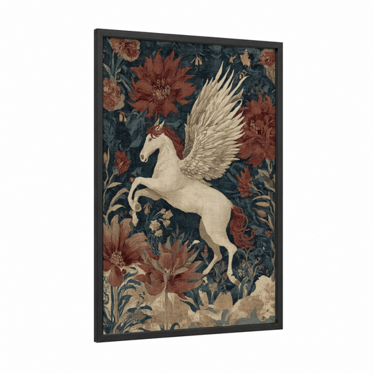 Cream Pegasus framed art print — black wood frame — dark blue and russet palette