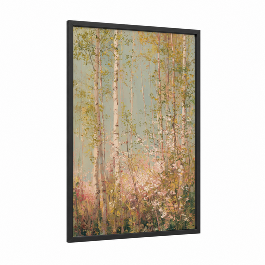 Serene Birch Forest framed art print — black wood frame — sage green and gold palette