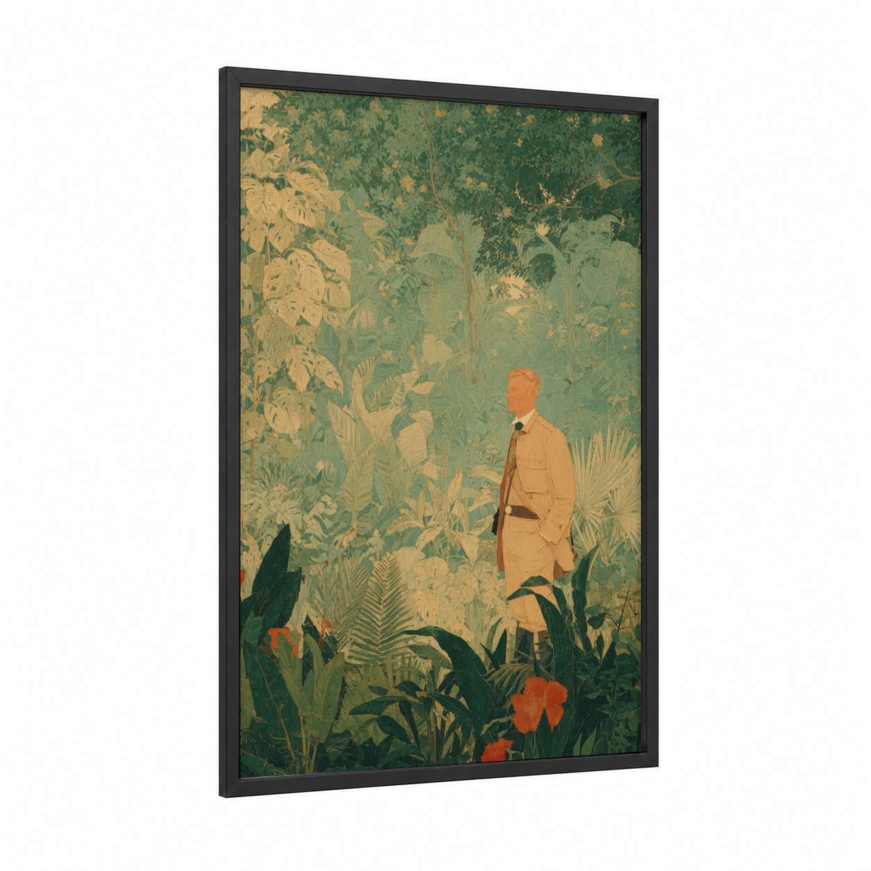 Jungle Explorer framed men's fashion print — black wood frame — gold and dark green palette