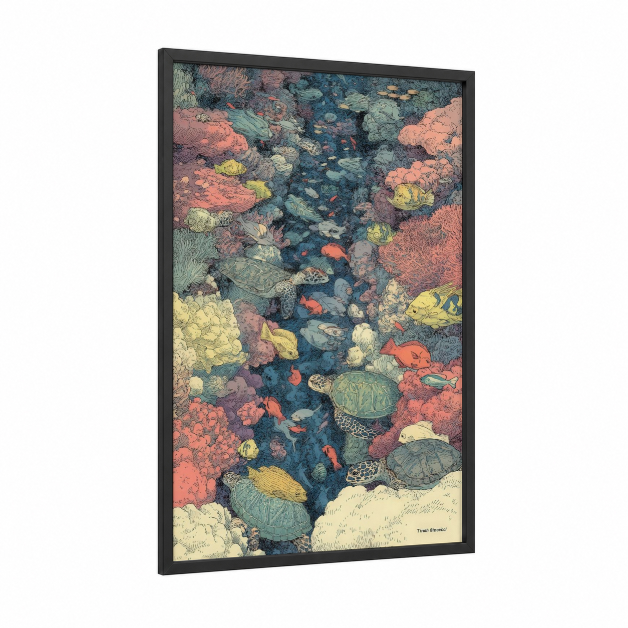 Coral Reef Sea Life framed art print — black wood frame — pink and teal palette