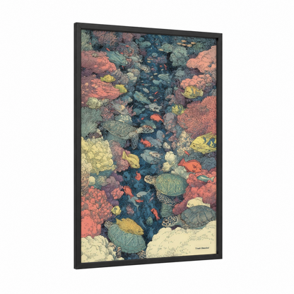 Coral Reef Sea Life framed art print — black wood frame — pink and teal palette