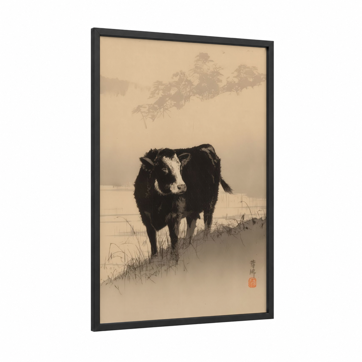 Misty Angus Cow framed art print — black wood frame — cream and black and white palette