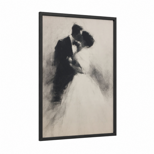 Romantic Embrace framed groom and bride print — black wood frame — black and white and gray palette