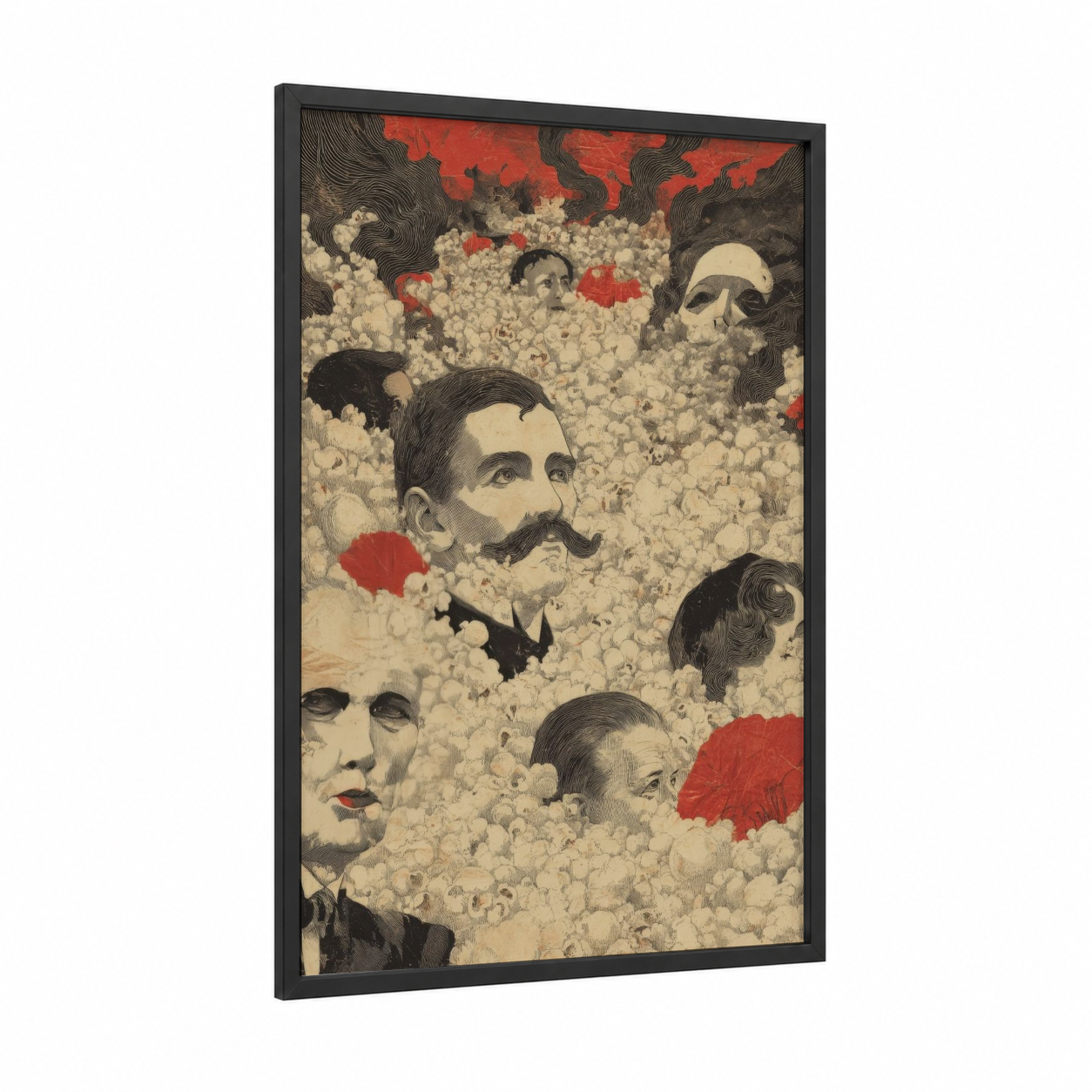 Popcorn Surrealism framed art print — black wood frame — black and white and red palette