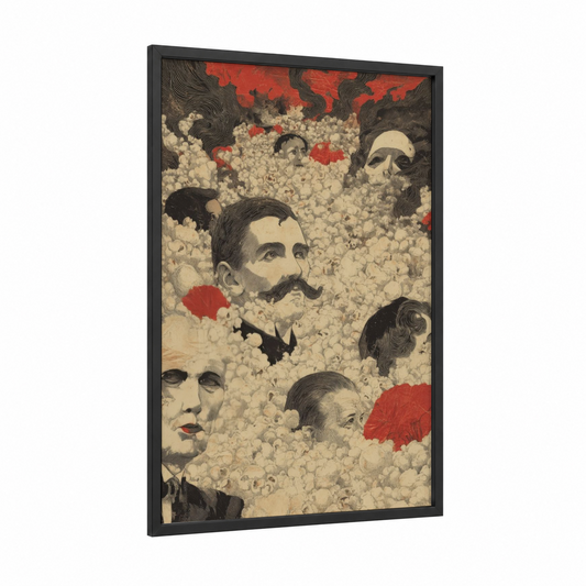 Popcorn Surrealism framed art print — black wood frame — black and white and red palette