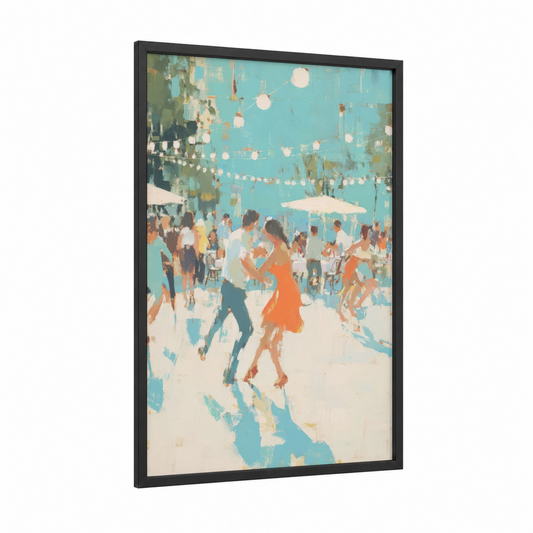 Lively Street Dance framed swing dance print — black wood frame — turquoise and peach palette