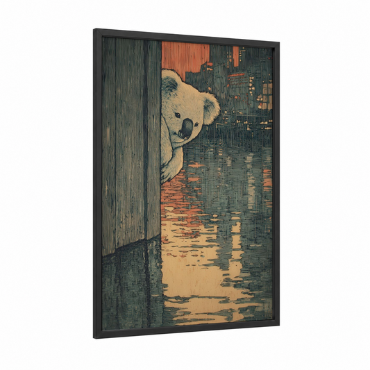 Curious Koala framed art print — black wood frame — dark green and champagne gold palette