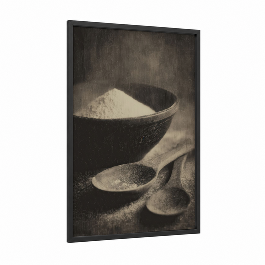 Artisan Baking Essentials framed art print — black wood frame — black and white and cream palette