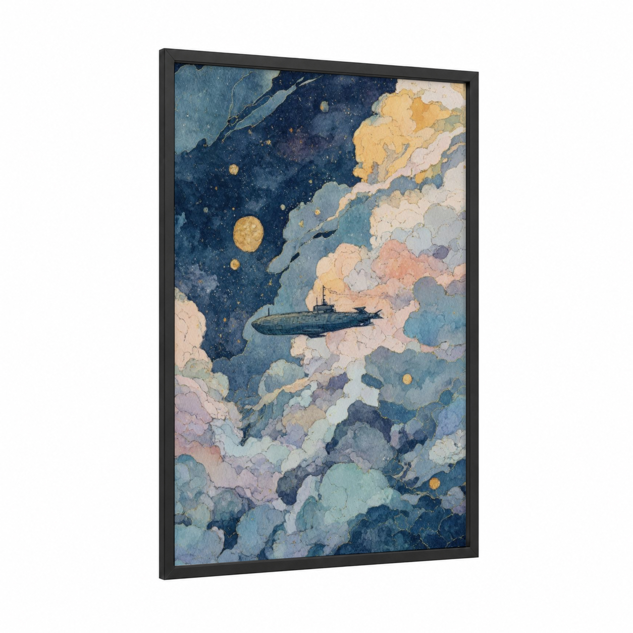 Submarine Dreamscape framed art print — black wood frame — dark blue and gold palette