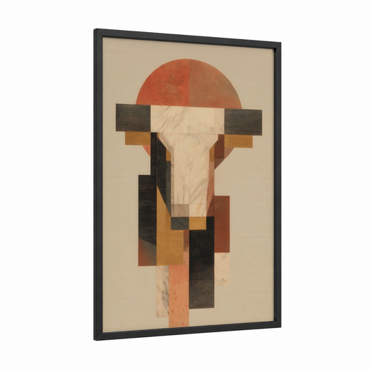 Geometric Taurus framed art print — black wood frame — russet and gold palette