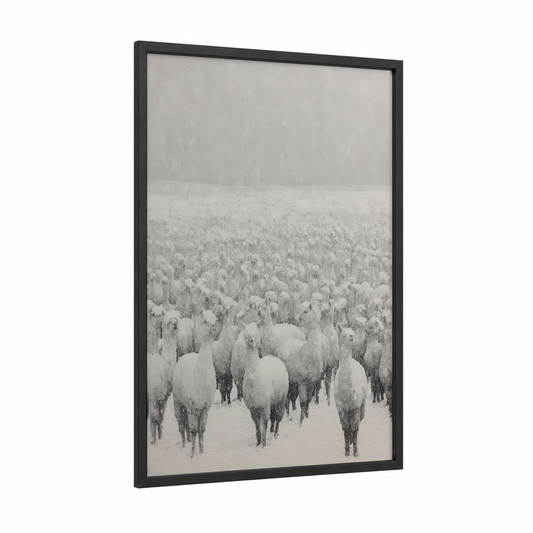 Snowy Alpaca Herd framed art print — black wood frame — black and white and gray palette