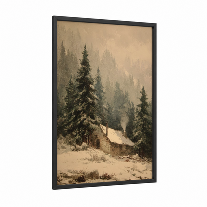 Snowy Mountain Cabin framed winter print — black wood frame — beige and cream palette