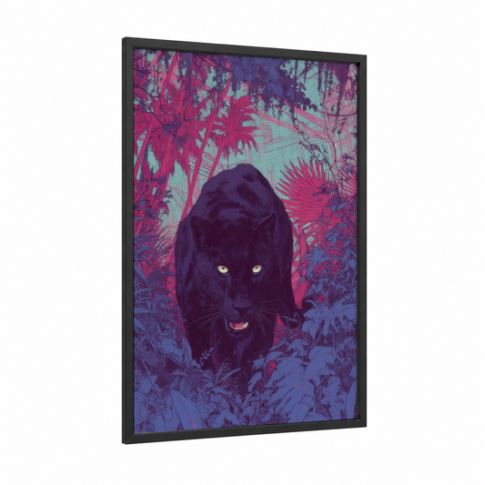 Neon Panther framed art print — black wood frame — magenta and purple palette