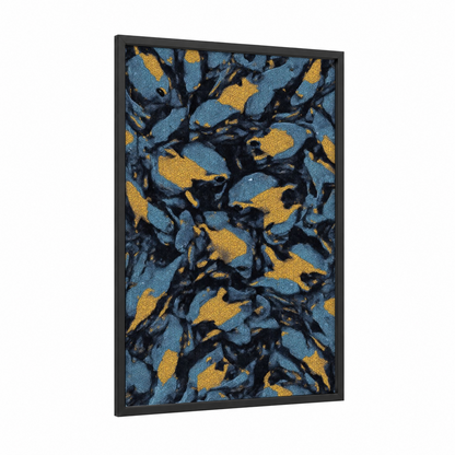 Golden Frog Pattern framed frogs and toads print — black wood frame — blue and yellow gold palette