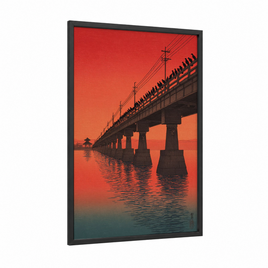 Crimson Bridge Reflection framed bridges print — black wood frame — red and orange palette
