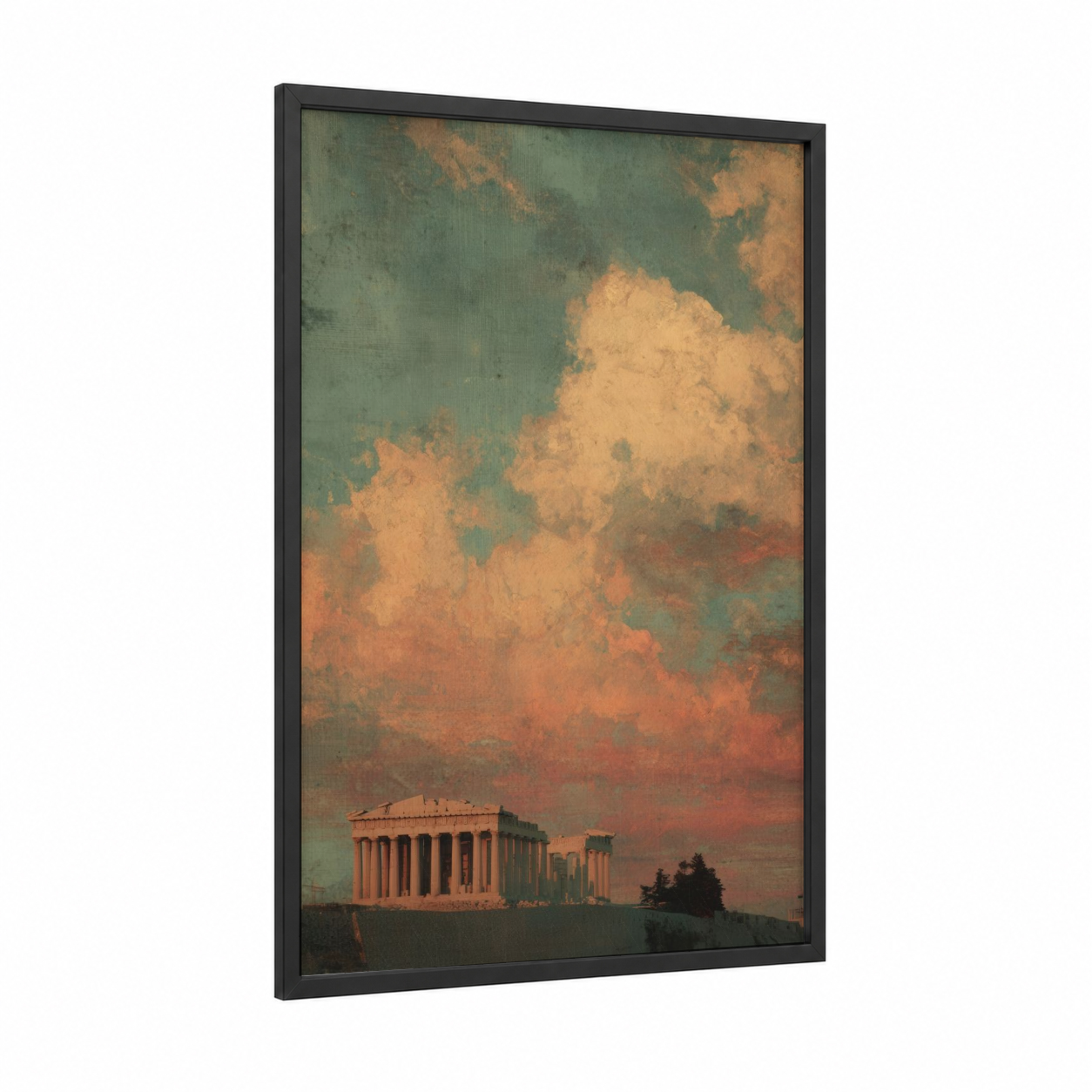 Golden Parthenon framed art print — black wood frame — gold and sage green palette