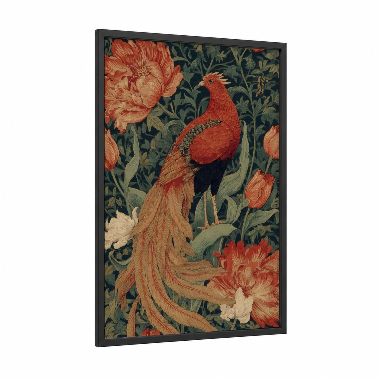 Crimson Phoenix Garden framed art print — black wood frame — red and dark green palette