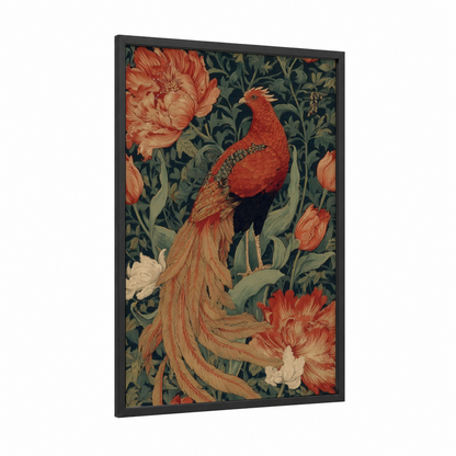 Crimson Phoenix Garden framed art print — black wood frame — red and dark green palette