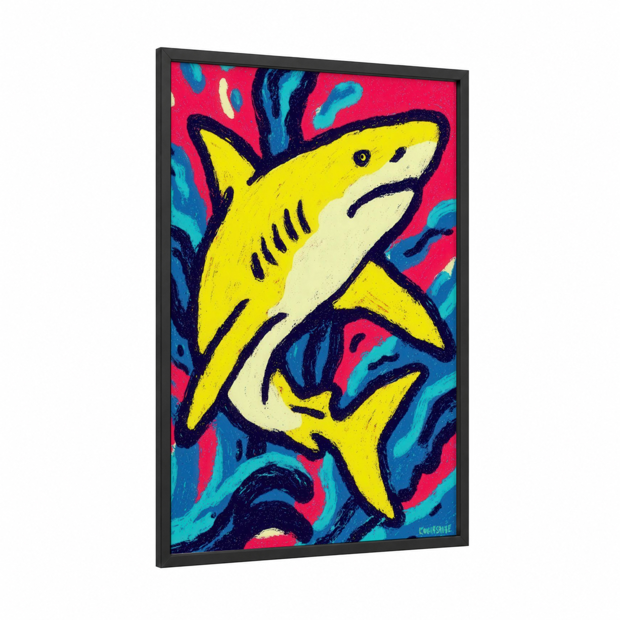 Neon Lemon Shark framed art print — black wood frame — yellow and magenta palette