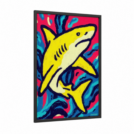 Neon Lemon Shark framed art print — black wood frame — yellow and magenta palette