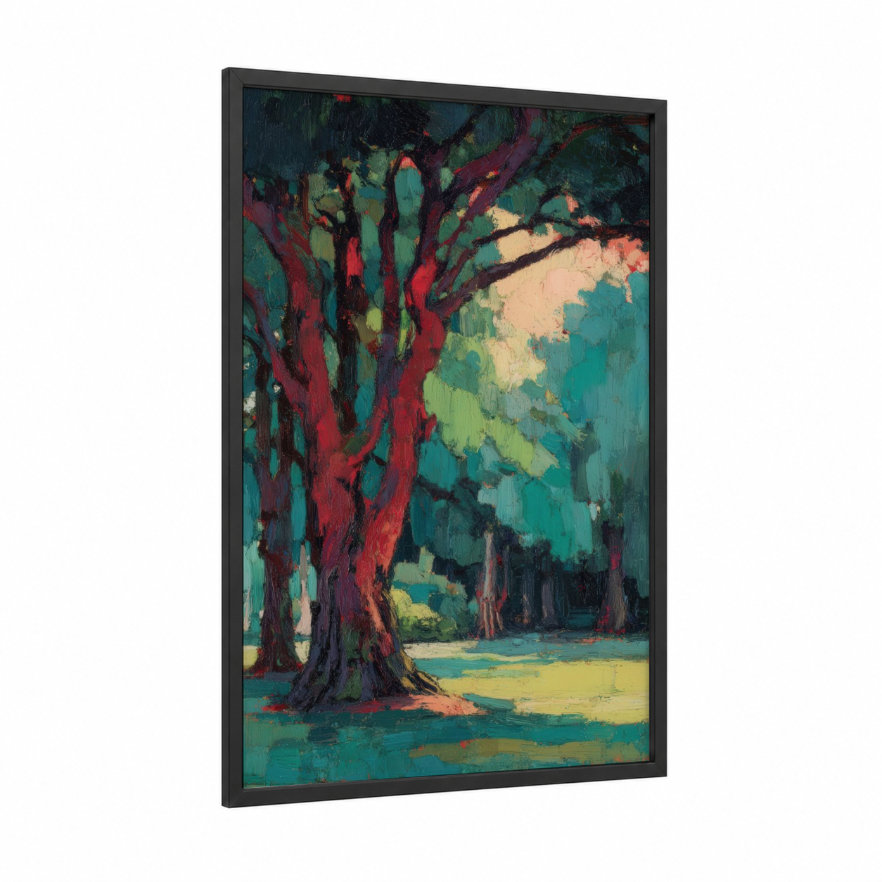 Crimson Banyan Grove framed banyan tree print — black wood frame — teal and red palette