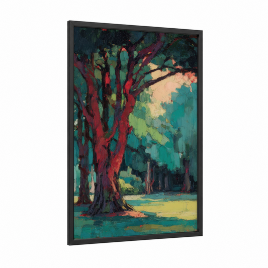 Crimson Banyan Grove framed banyan tree print — black wood frame — teal and red palette