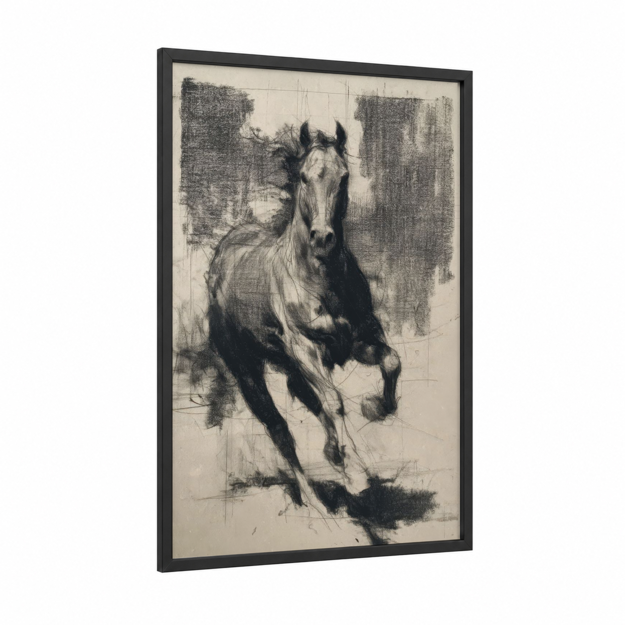 Galloping Quarter Horse framed art print — black wood frame — black and white and cream palette