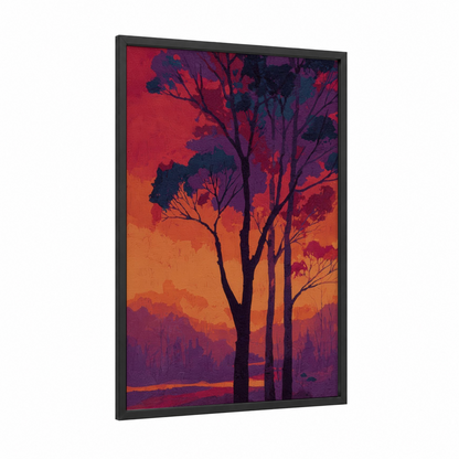 Crimson Arbutus Sunset framed arbutus tree print — black wood frame — red and orange palette