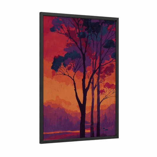 Crimson Arbutus Sunset framed arbutus tree print — black wood frame — red and orange palette