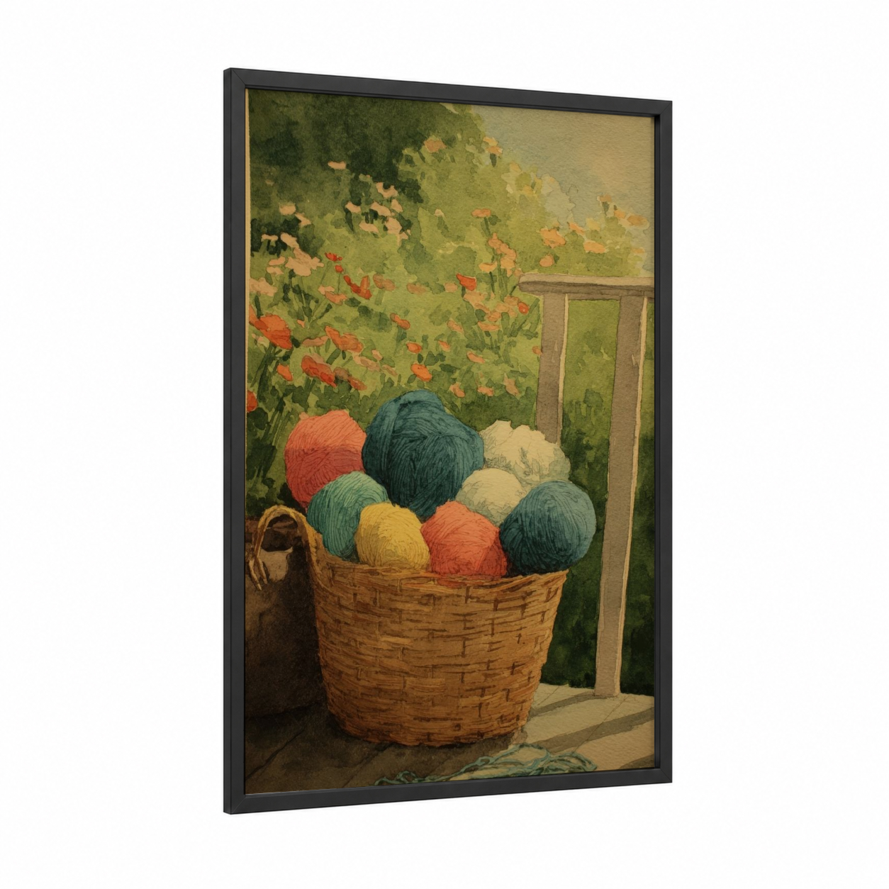 Garden Yarn Basket framed knitting and sewing print — black wood frame — green and orange palette