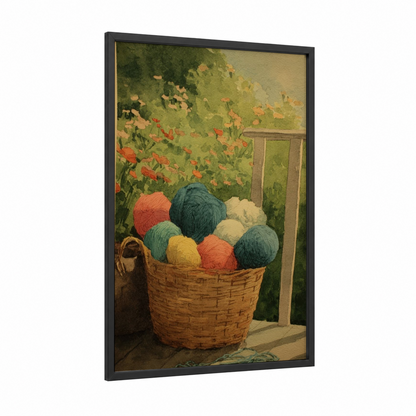 Garden Yarn Basket framed knitting and sewing print — black wood frame — green and orange palette