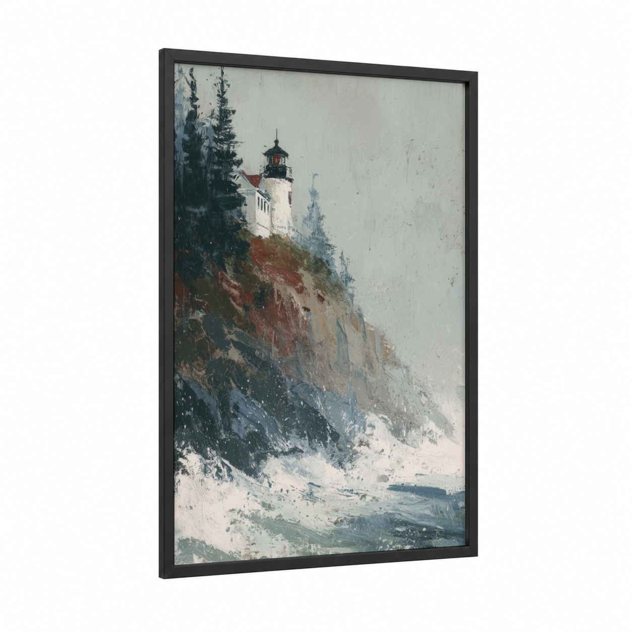 Coastal Lighthouse framed cliff print — black wood frame — gray and blue palette