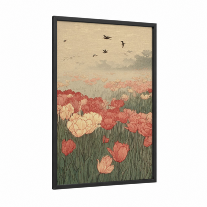 Poppy Field Reverie framed flower field print — black wood frame — salmon pink and sage green palette