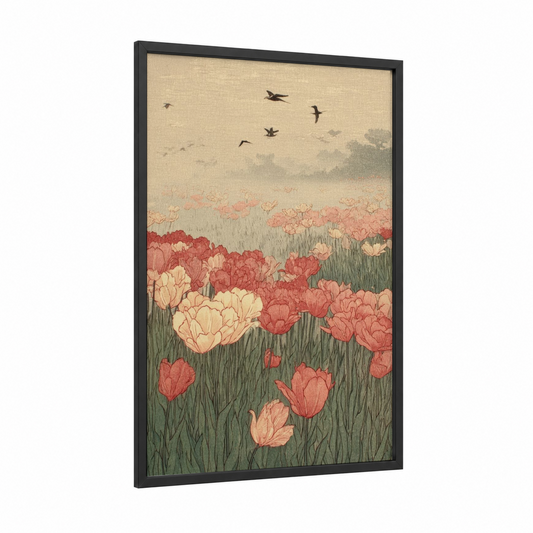 Poppy Field Reverie framed flower field print — black wood frame — salmon pink and sage green palette