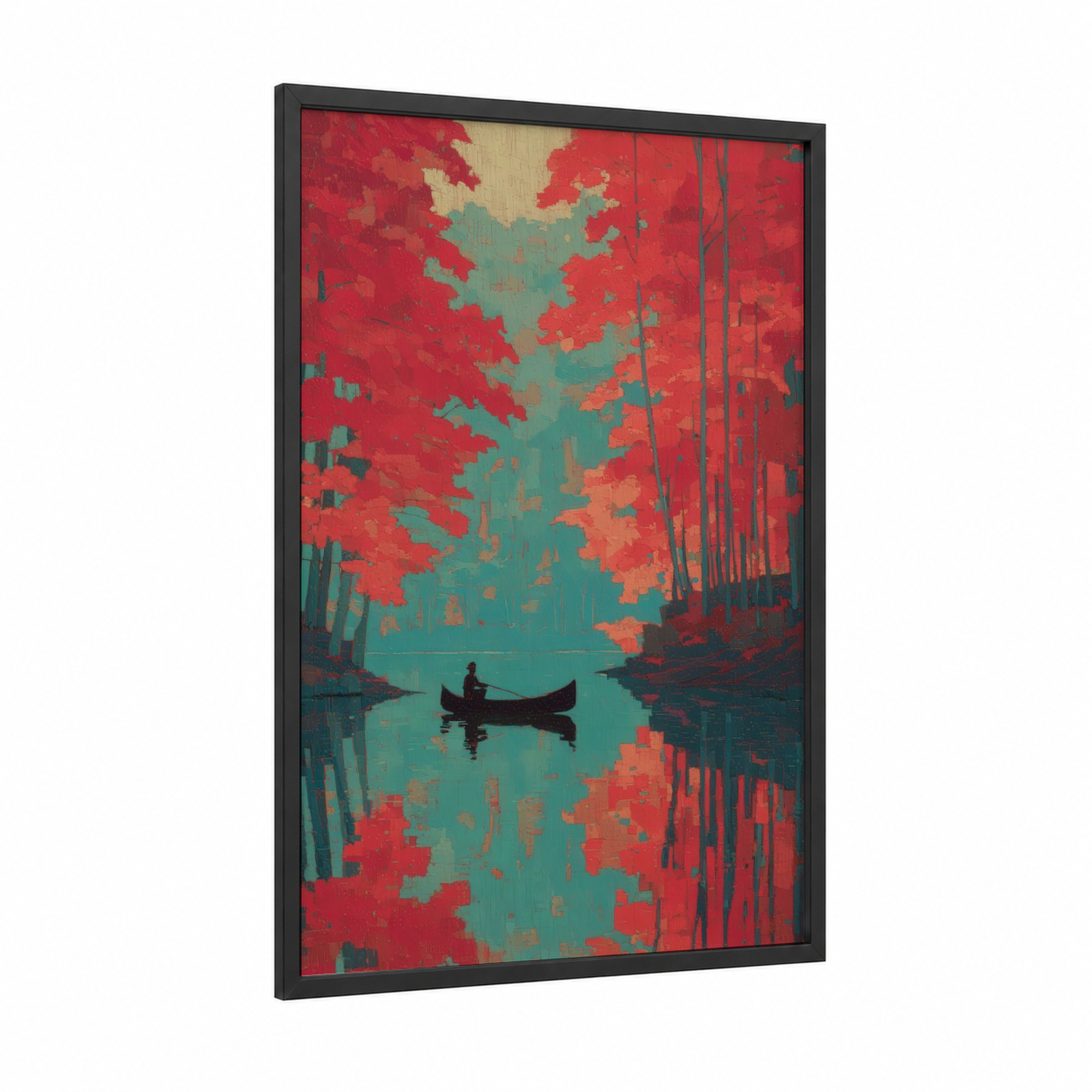 Crimson Kayak framed canoeing and kayaking print — black wood frame — red and teal palette