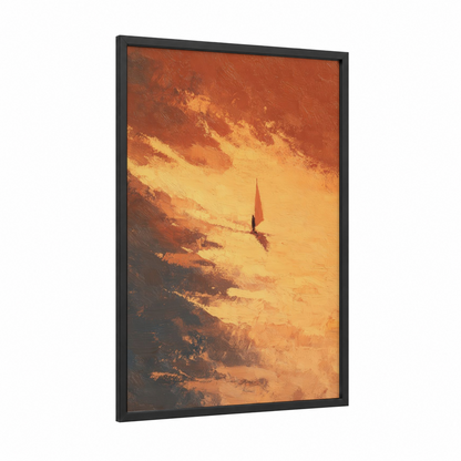 Golden Hour Windsurfing framed art print — black wood frame — orange and gold palette
