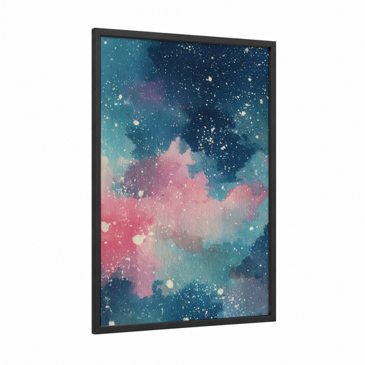 Nebula Dreams framed galaxy print — black wood frame — teal and pink palette