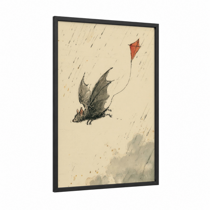 Rainy Bat Kite framed art print — black wood frame — cream and gray palette