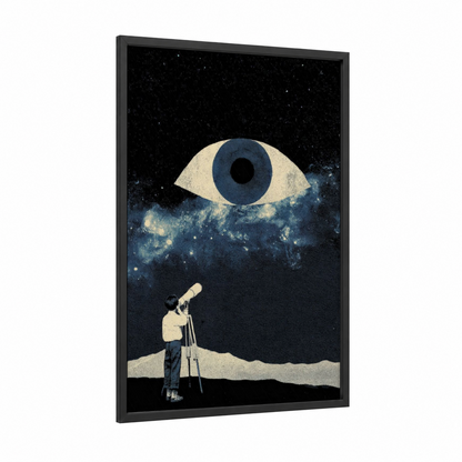 Cosmic Explorer Boy framed art for boy print — black wood frame — cream and dark blue palette