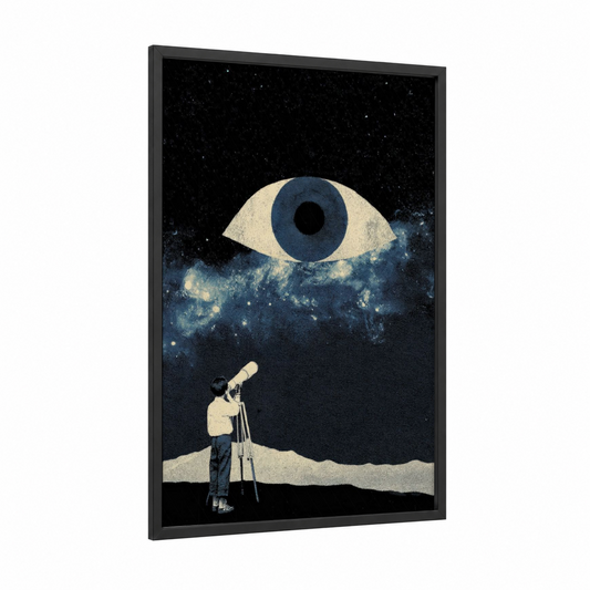 Cosmic Explorer Boy framed art for boy print — black wood frame — cream and dark blue palette
