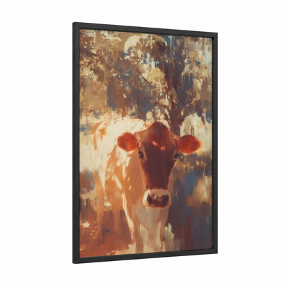 Golden Hour Jersey framed jersey cow print — black wood frame — gold and russet palette