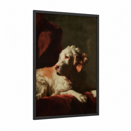 Regal Spaniel framed art print — black wood frame — brown and gold palette