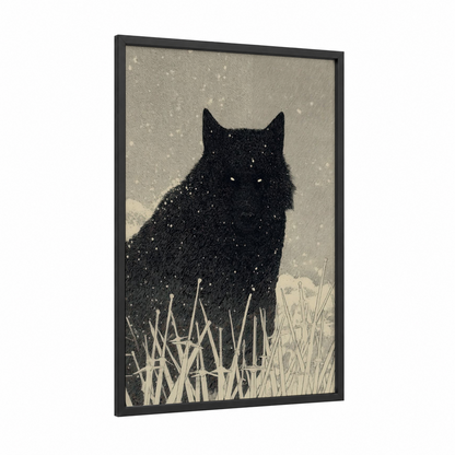 Snowy Black Cat framed dark fantasy print — black wood frame — black and black and white palette