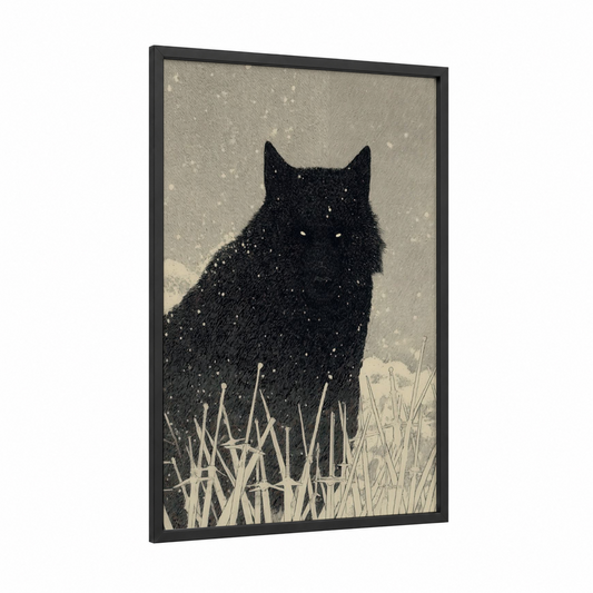 Snowy Black Cat framed dark fantasy print — black wood frame — black and black and white palette