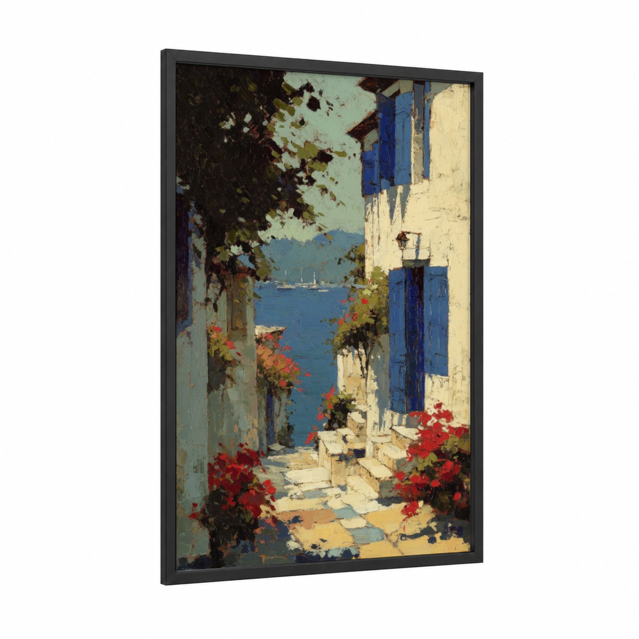 Coastal Island Alley framed art print — black wood frame — blue and cream palette