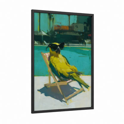 Poolside Parrot framed safari parrots print — black wood frame — turquoise and yellow palette
