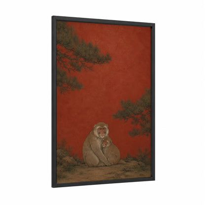 Japanese Monkey Pine Tree Wall Art framed art print — black wood frame — red and beige palette